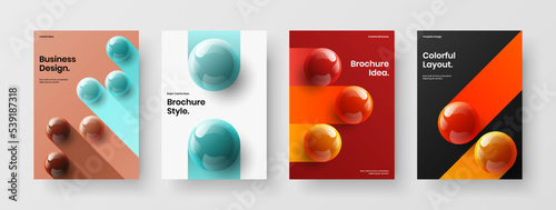 Simple book cover vector design illustration set. Amazing 3D spheres company brochure layout collection.