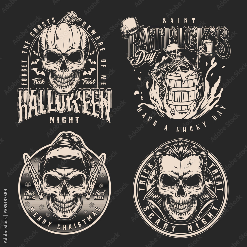 Scary holidays set monochrome flyers