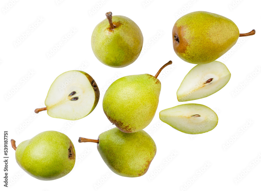 Pears, half and pliers are flying on a white background. Isolated