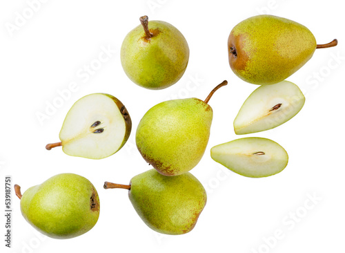 Pears, half and pliers are flying on a white background. Isolated