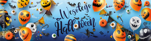 kartka lub baner na "Happy Halloween" w kolorze czarnym na niebieskim tle z dookoła balonami, dynią, wiedźmą na miotle, nietoperzem, oczami