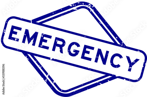 Grunge blue emergency word rubber square seal stamp on white background