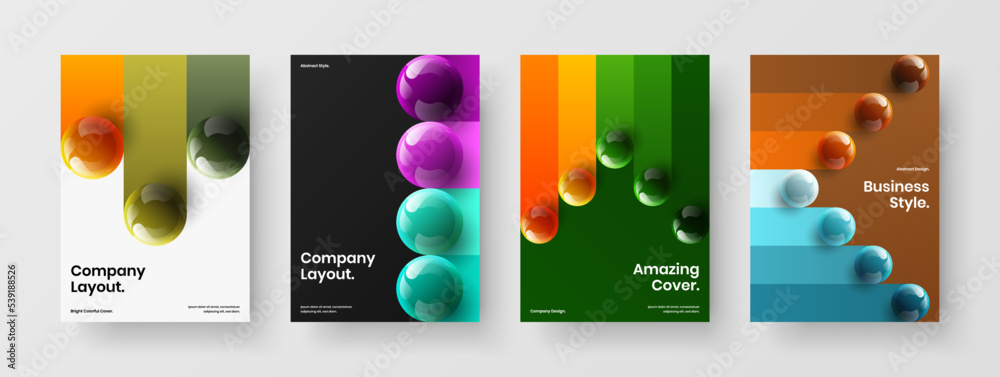 Creative book cover A4 design vector illustration set. Isolated 3D balls placard template collection.
