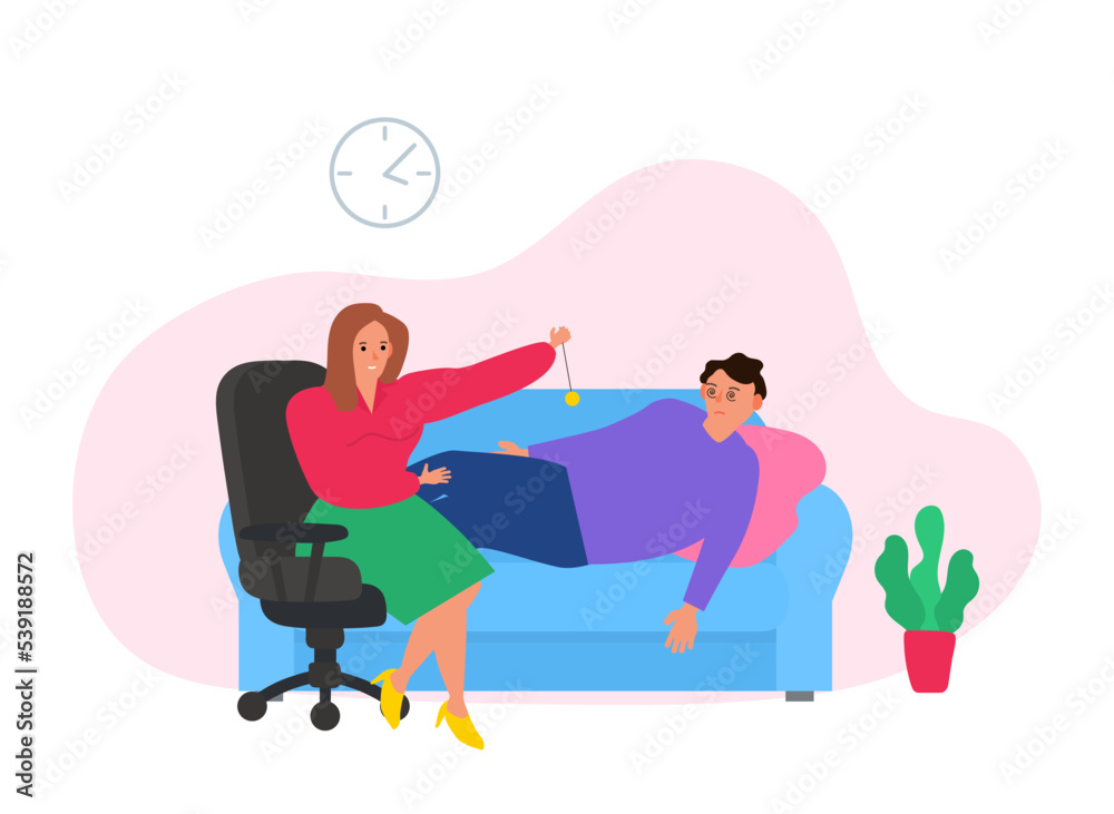 hypnotherapy hypnosis session . hypnotherapist holding pendulum man patient lying on the sofa vector illustration