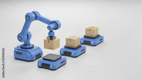 Smart industry production factory warehouse logistic and transport Future Technology. Engineer operating vehicle autonomous guided  robot AGV system robotic arm carry cardboard box. 3d rendering. photo