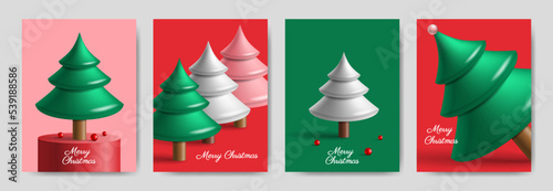 merry christmas posters banners new year design  set with 3d spruces vector illustration