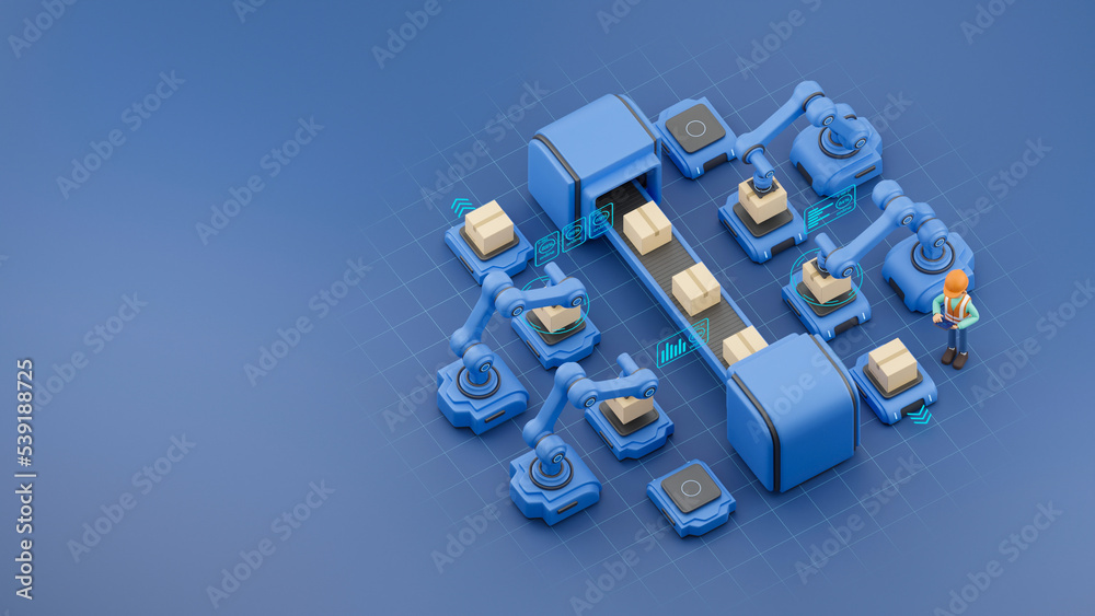 Smart industry production factory warehouse logistic and transport Future Technology. Engineer operating vehicle autonomous guided robot AGV system robotic arm carry cardboard box. 3d rendering. Smart industry production factory warehouse logistic and transport Future Technology. Engineer operating vehicle autonomous guided robot AGV system robotic arm carry cardboard box. 3d rendering.
