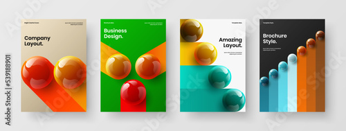 Geometric realistic spheres book cover layout composition. Modern handbill vector design template bundle.