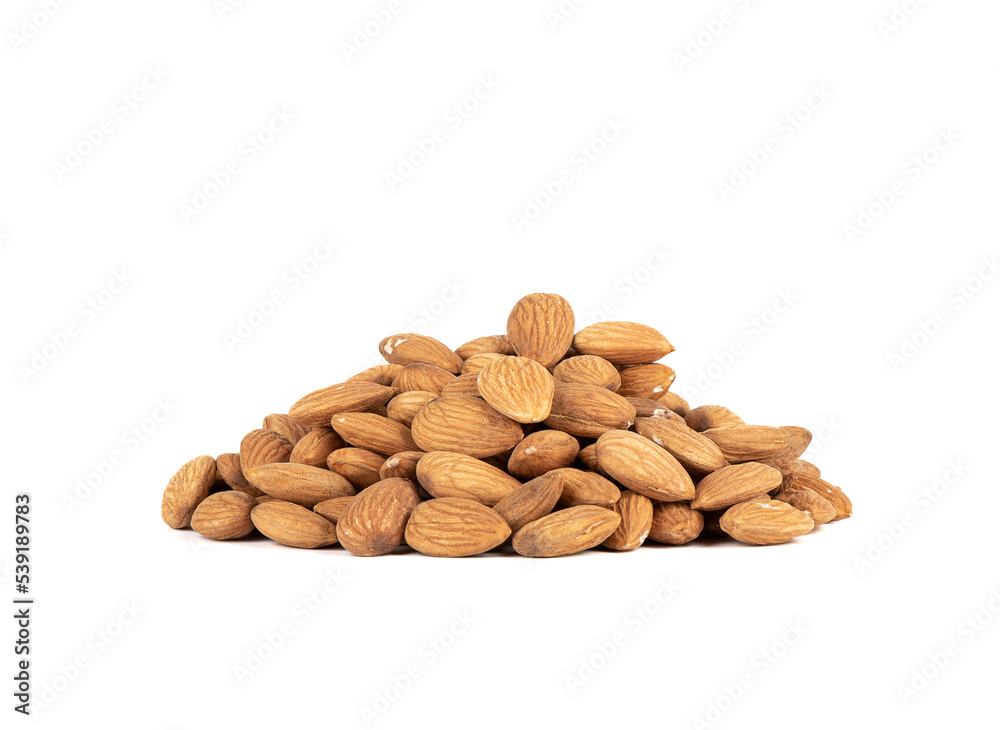 Grains of almond nuts isolated on white background. Grains of almond nuts isolated on white background.