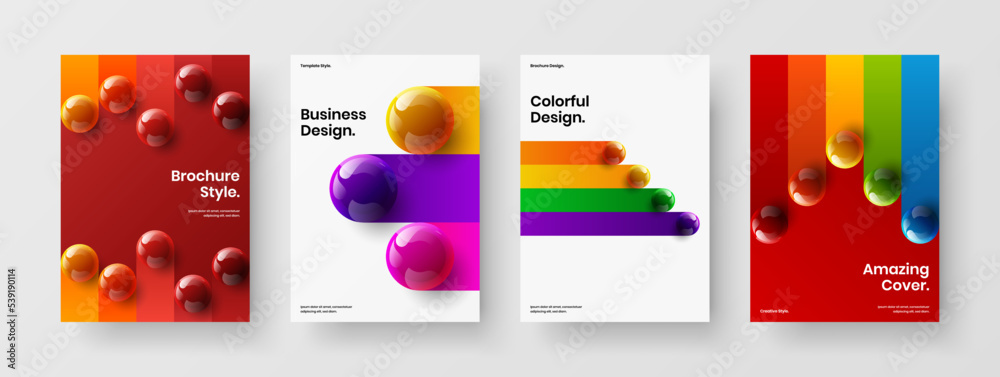 Unique booklet A4 vector design template collection. Premium 3D spheres brochure concept set.