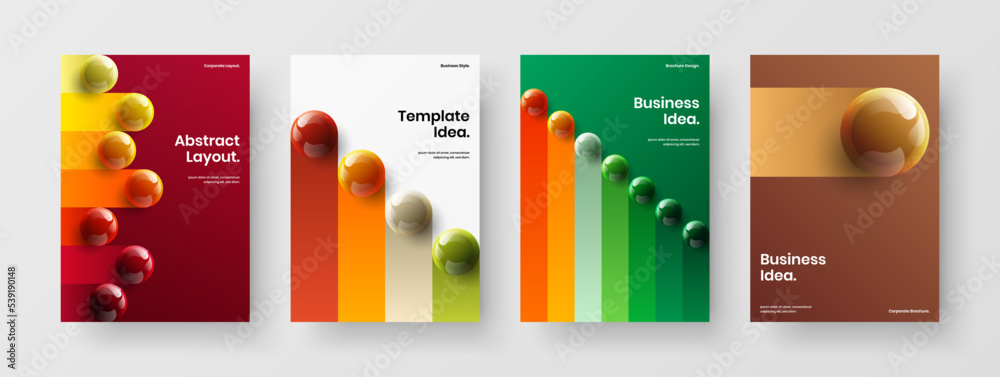 Unique realistic spheres magazine cover template set. Fresh brochure A4 design vector concept bundle.