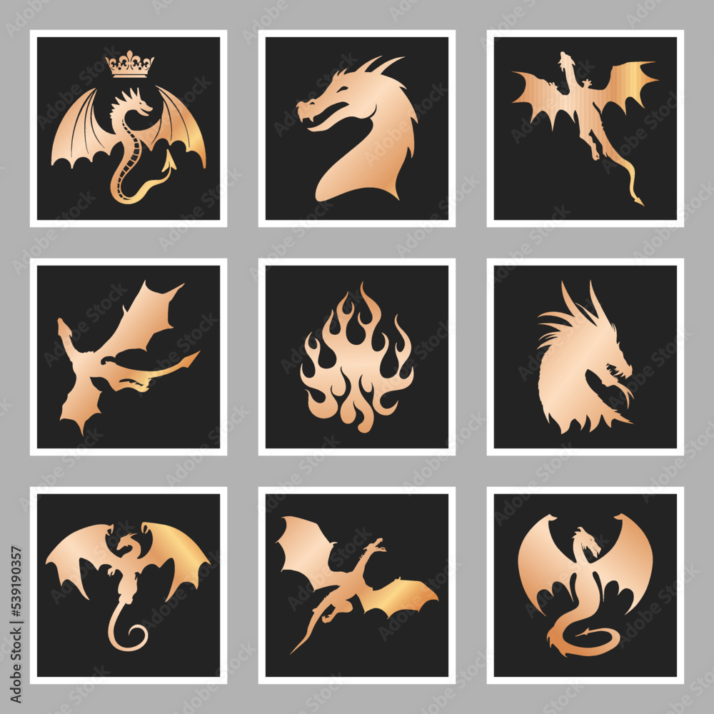 Golden dragons and wyverns collection as sticker pack for design websites, logotype, icons, signs, posters, applications or social network communication.