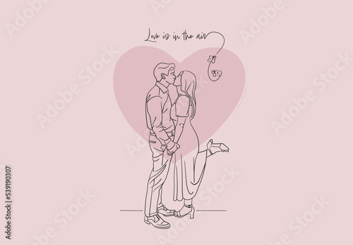 Valentines Day card with a linear drawing of couple kissing and text - love is in the air
