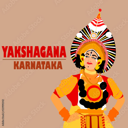Vector of Man performing Yakshagana Classical dance, it is a traditional folk dance form popular in Karnataka, India. photo