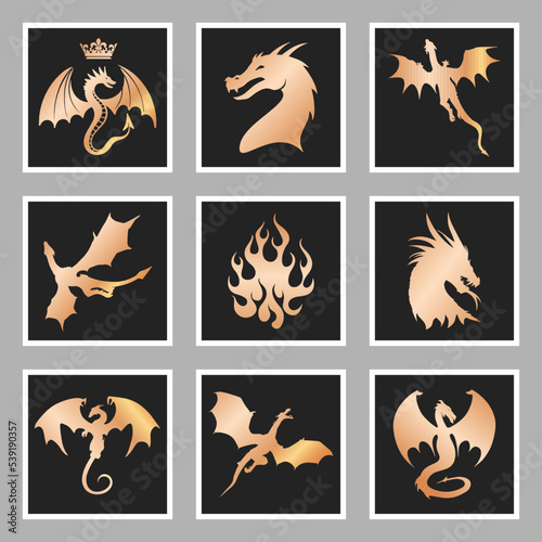 Golden dragons and wyverns collection as sticker pack for design websites, logotype, icons, signs, posters, applications or social network communication.