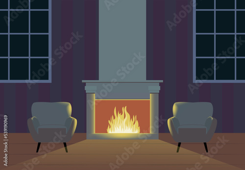 living room vector with fireplace and two armchairs. burning flame in the fireplace. big house interior