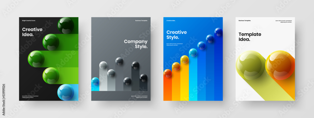 Colorful 3D spheres book cover template set. Vivid banner A4 design vector layout collection.