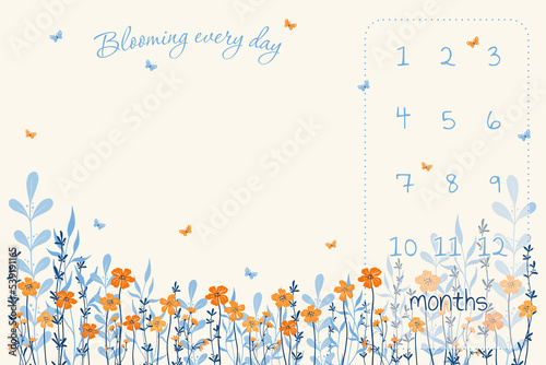 baby blanket milestone, beautiful orange flowers for baby girl, blue leaves, cute baby blanket. blooming every day