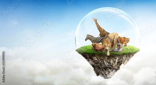 Canvas Print Concept Nature reserve conserve Wildlife reserve tiger Giraffe Global warming Ecology, fantasy island with wild animals floating in the sky