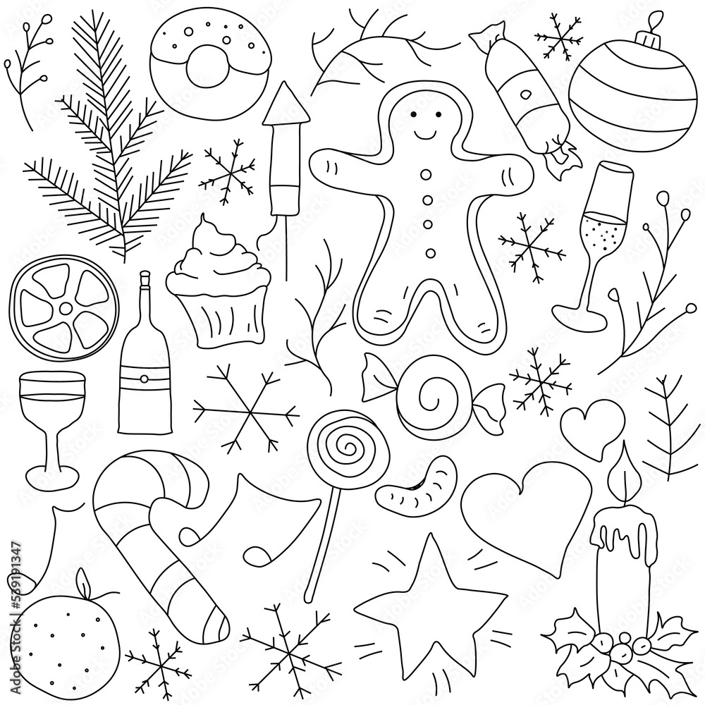 Obraz premium Christmas icons. New year background. Doodle illustration with christmas and new year icons