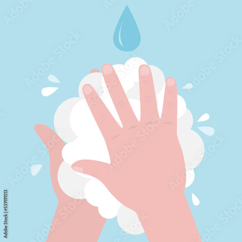 Person washing hands with soap under running water. Closeup view. Hands in foam and soap, skin care and health protection. Hygiene concept. Medicine and healthcare.