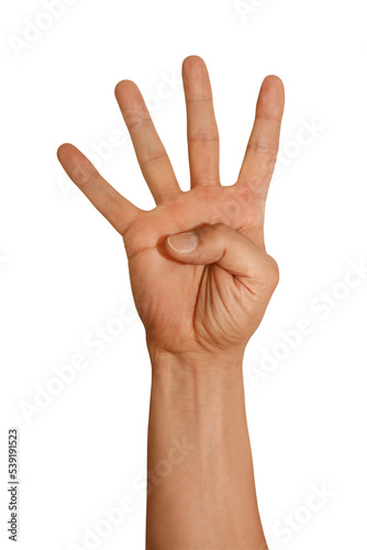 Valokuva Gesture series: hand shows four fingers.