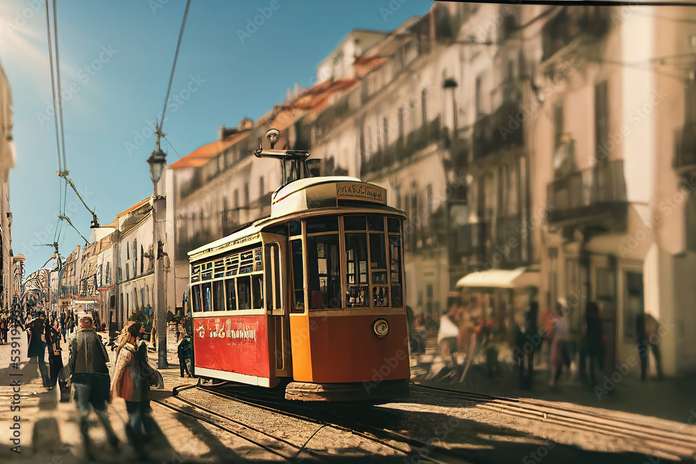 AI generated image of a tram in Lisbon city