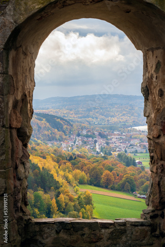 View from Brahehus castle on a foggy autumn day over Granna in Jonkoping, Sweden. Selective focus. photo