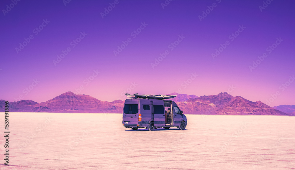 Camper van on Bonneville salt flats, Utah