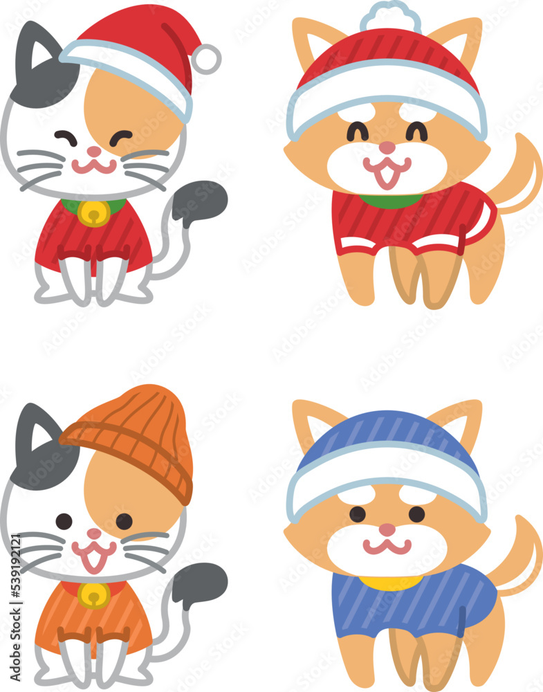 サンタの帽子をかぶった犬と猫 クリスマス 冬服 サンタの帽子をかぶった犬と猫 クリスマス 冬服
