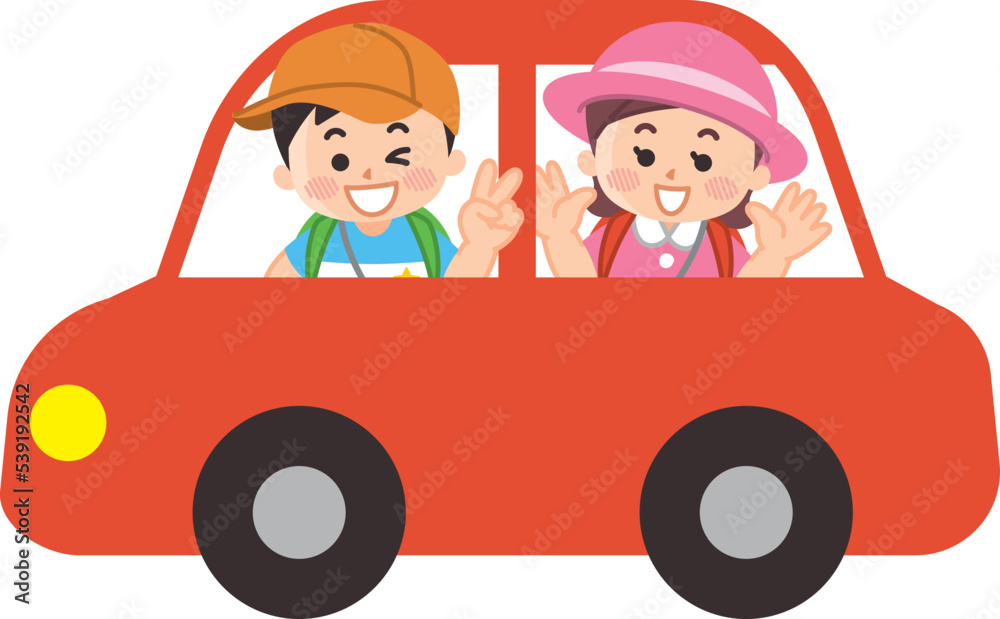 車に乗って出かける子供　旅行