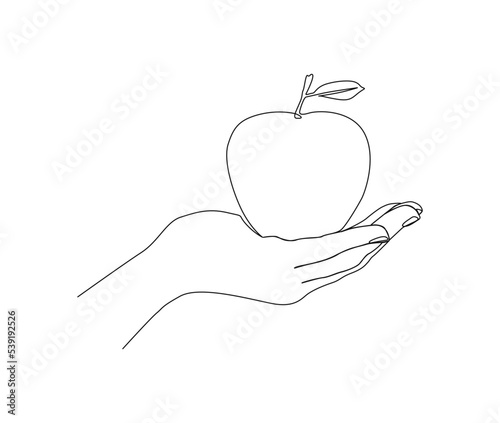 Continuous one line drawing of hand holding apple fruit. Simple apple fruit on hand line art vector design.