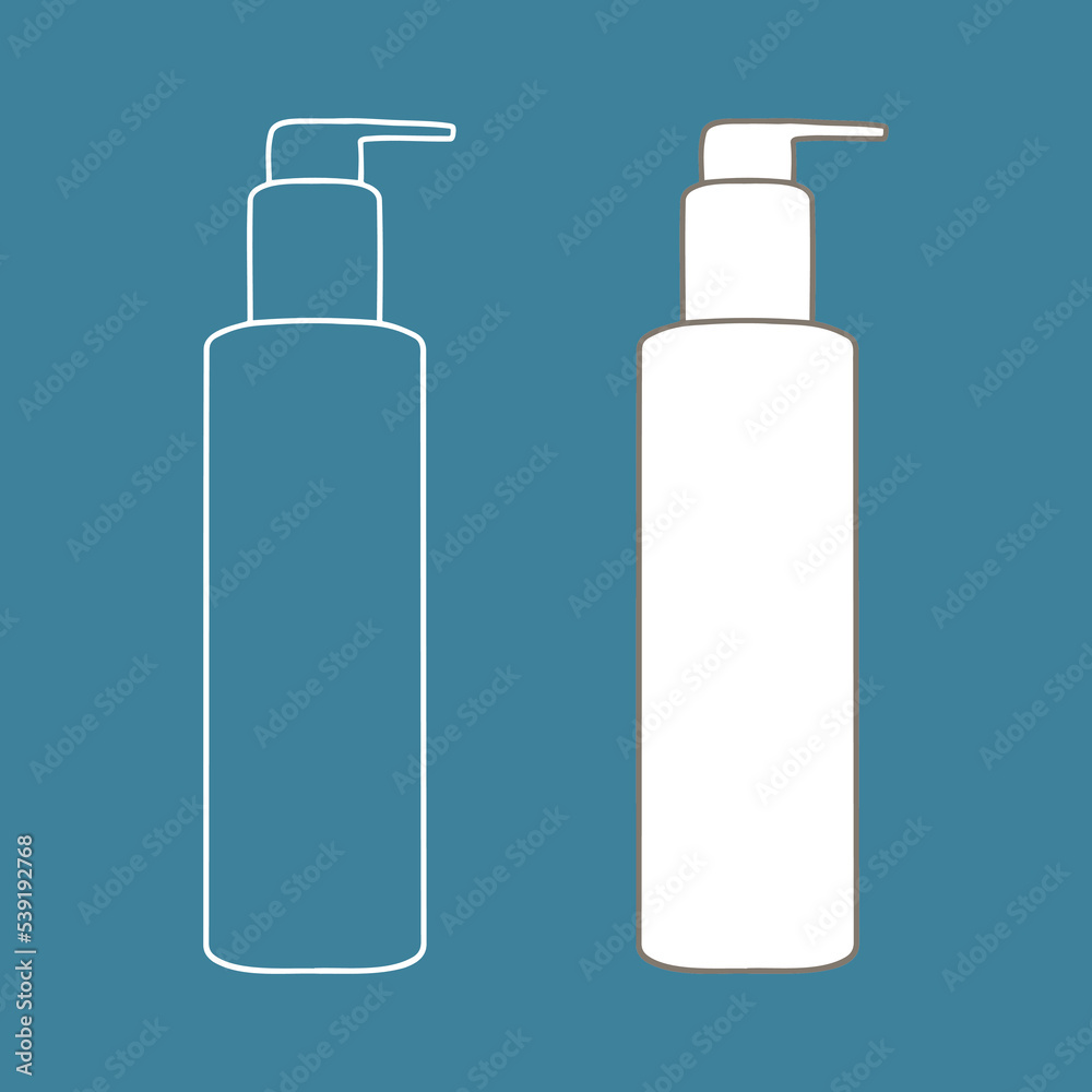 Linear bottle with pump. Cosmetic package collection for soaps. Vector illustration. Linear bottle with pump. Cosmetic package collection for soaps. Vector illustration.