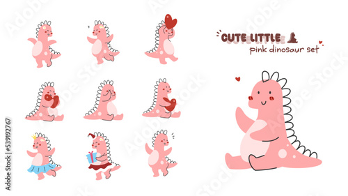 A Various set of cute pink dinosaur cartoon character flat vector illustration isolated on white background. Girly cute happy, love, cheerful, princess dino
 character for kids. Merry christmas.