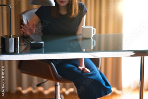 Woman sitting on a chair and talking to a speech recognition device, Amazon Alexa with sunlight background