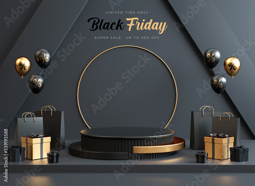 Tableau sur toile Black Friday banner background with a podium platform, black and gold stuff on a