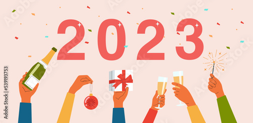 Holiday vector 2023 concept illustration in flat style. Human hands with glasses with champagne, gift box, Bengal light, champagne and confetti.