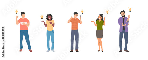 Different young women and men  finding new idea. People stand full body. Flat style cartoon vector illustration.