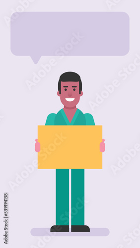 Nurse man holding blank sign and smiles