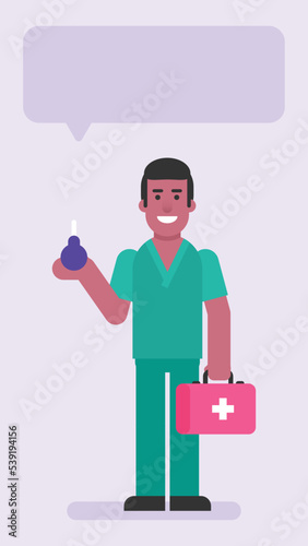 Nurse man holding suitcase and enema