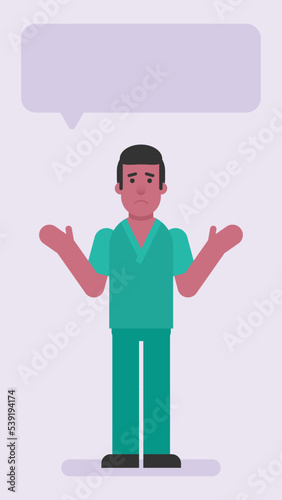 Nurse man spreads his arms to sides and upset