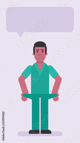 Nurse man shows empty pockets and upset