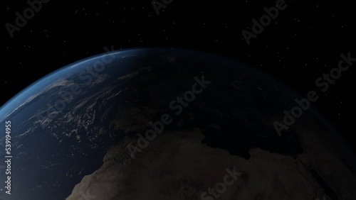 Animation of the Earth in space looking down on Europe and Africa as the power goes out, globally.