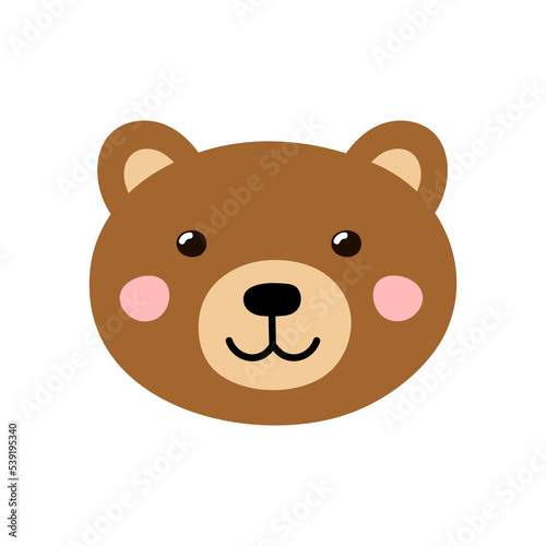 Cute bear head in cartoon style. Brown bear face for baby and kids design. Funny smiling farm animal in cartoon style. Vector illustration