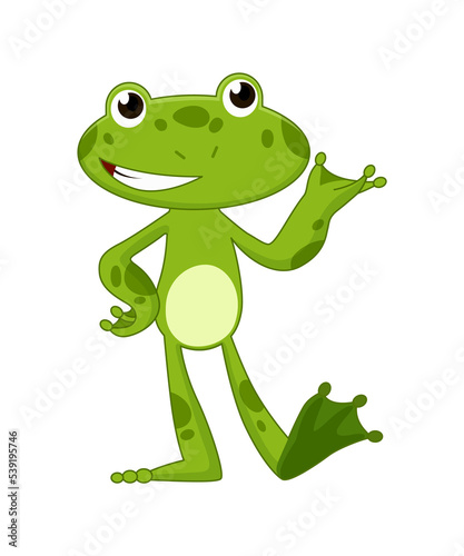 Cartoon frogs Funny cartoon frog. Little amphibia character standing and smiling on white background. Adorable froggy watching