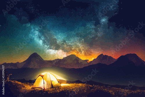camping in the mountains under the stars, a tent.