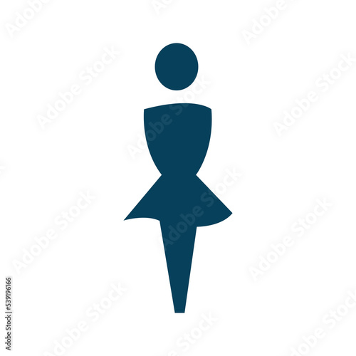 carte ou bandeau indiquant  l'emplacement des toilettes pour les femmes par un pictogramme de couleur bleu gris sur un fond blanc