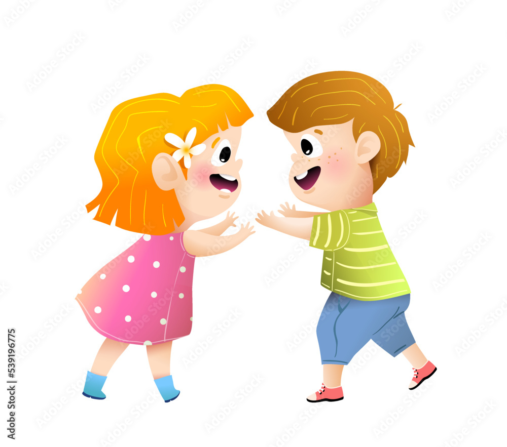 Funny happy children, boy and girl friends meeting, hugging. Little kids love and friendship, playful cute kids. Vector illustration for kindergarten. Funny happy children, boy and girl friends meeting, hugging. Little kids love and friendship, playful cute kids. Vector illustration for kindergarten.