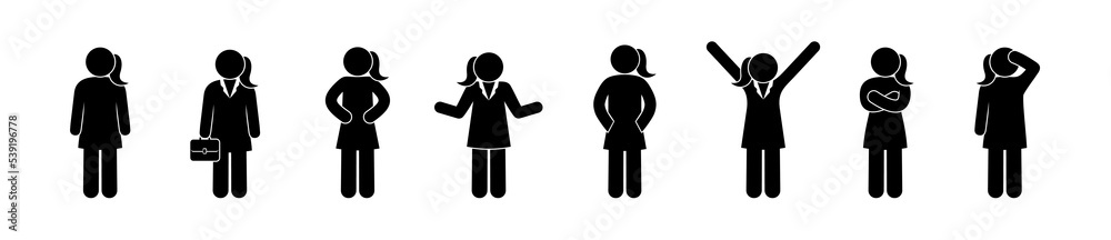 stick figure icon woman, man in different poses, set of human gestures