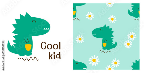 Seamless pattern with dinosaur cartoons and daisy flower on green background. Dinosaur cartoon and hand written font on white background vector illustration.
